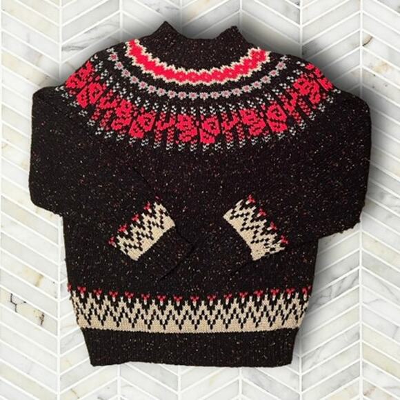 Vintage Sweaters - 80s Vintage Womens Fair Isle Nordic Sweater Medium Bow Wool Blend Bow High Neck